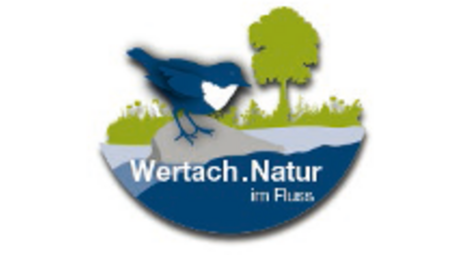 Logo der Wertach App mit einem stilisierten Vogel nahe eines Flusses.