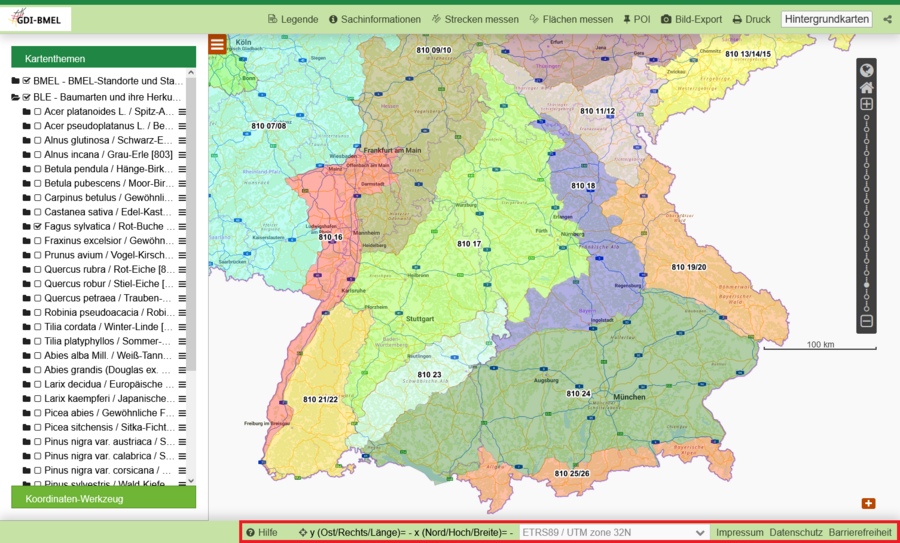 Karte mit Herkunftsgebieten für Forstsaatgut Rotbuche, Funktionen in der Fußzeile sind markiert.