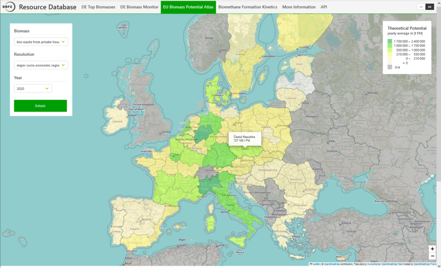 Europakarte zeigt jährlich anfallende Biomasse privater Haushalte.