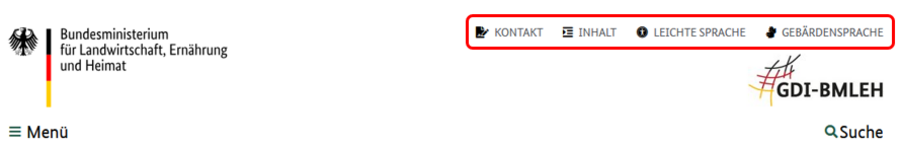 Die Kopfzeile der Startseite. Das Menüfeld "Menü" ist rot umrandet.
