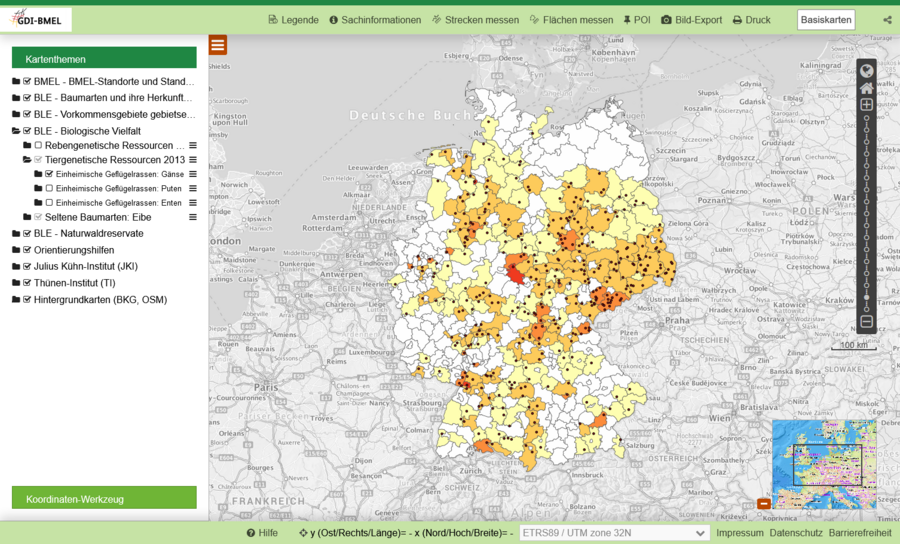 Geodatenviewer der GDI-BMEL zeigt Dichte von einheimischen Gänserassen und Lage Ortsvereine für Geflügelzucht.